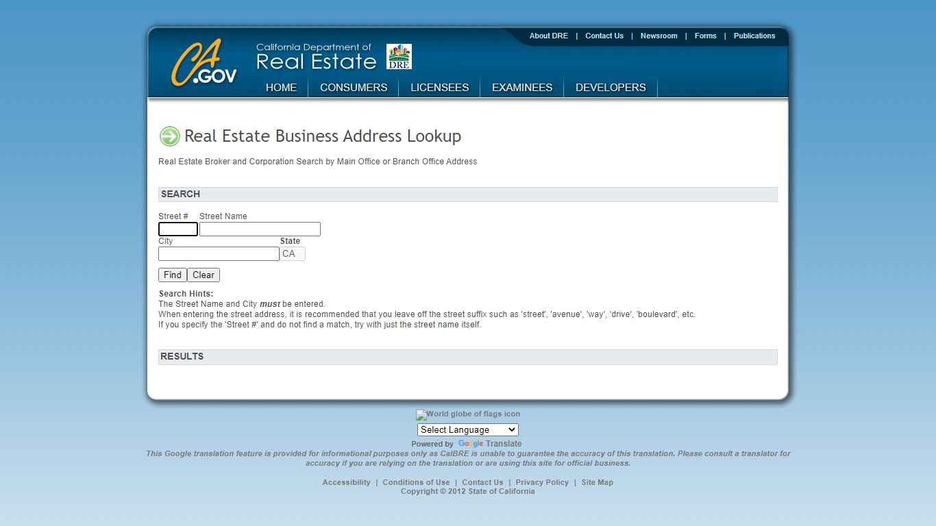 Business Address Lookup - DRE - California
